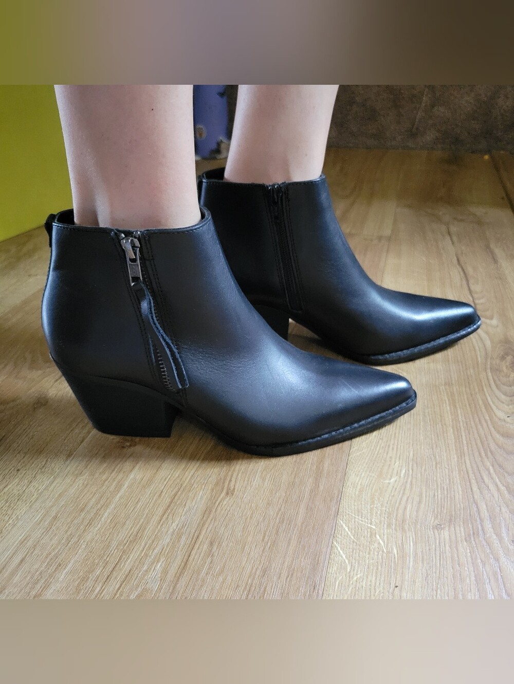 Genuine Leather Artisan Black Pointed Toe Ankle Booties with Side Zipper
